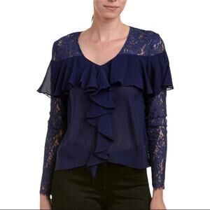 SPRING SALE! Nicole Miller Artelier Navy Blue Silk Ruffle Lace Blouse US Petite